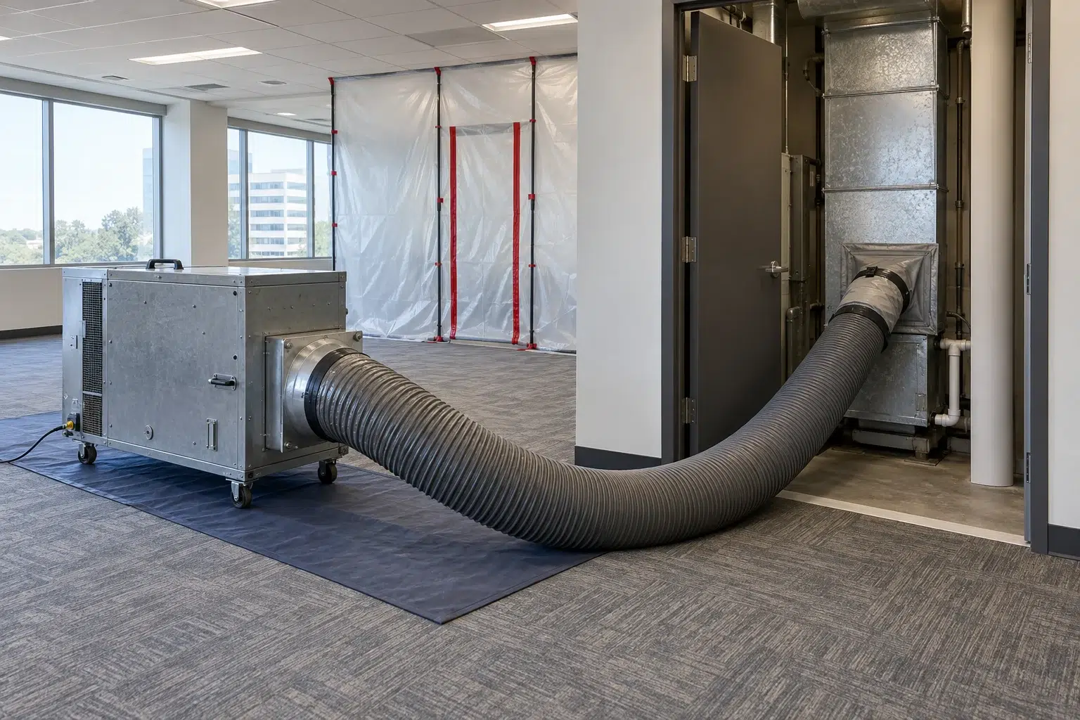 Portable collection equipment and a sealed work area in a vacant commercial office suite