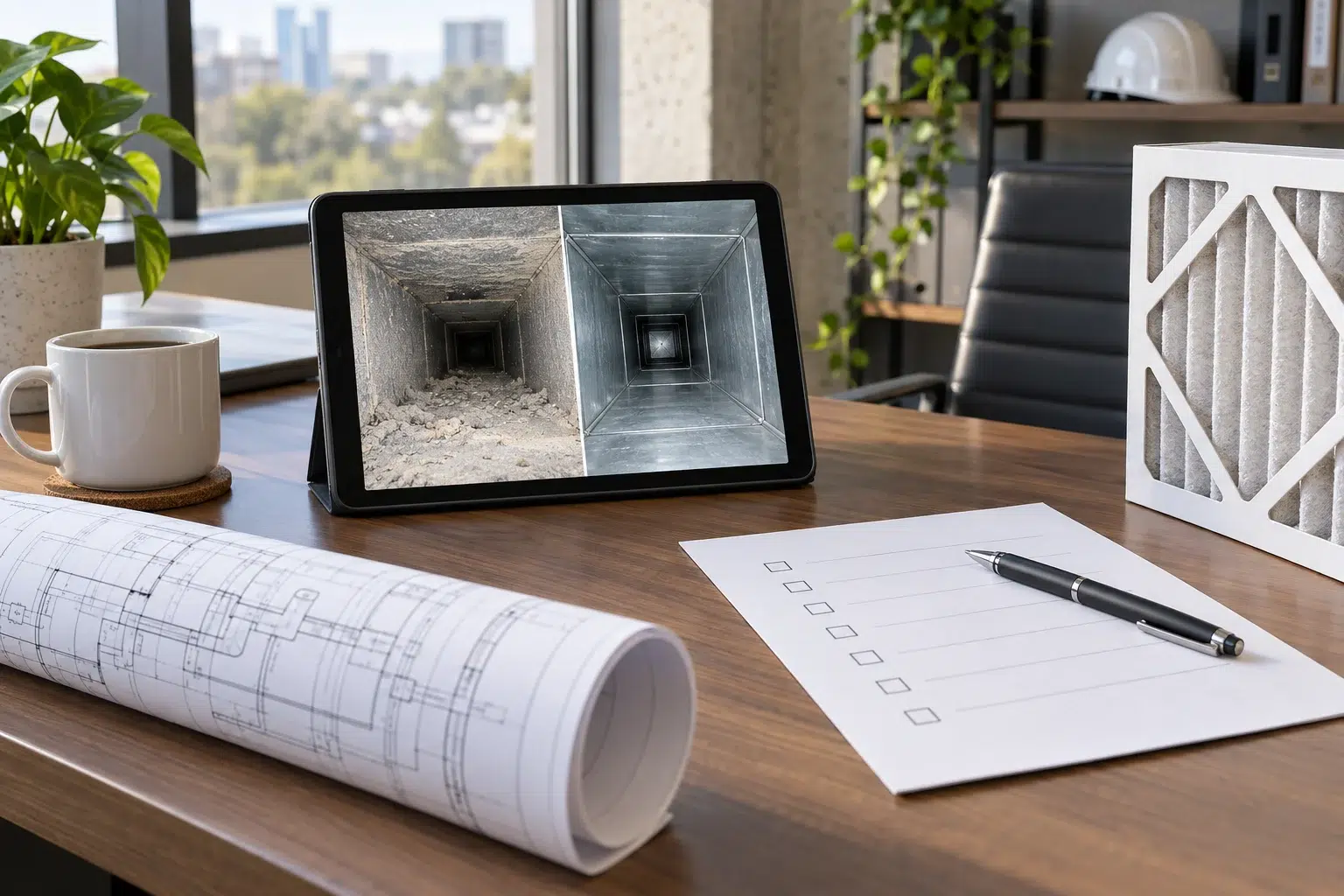 Tablet showing illustrative duct inspection views beside a floor plan and project checklist
