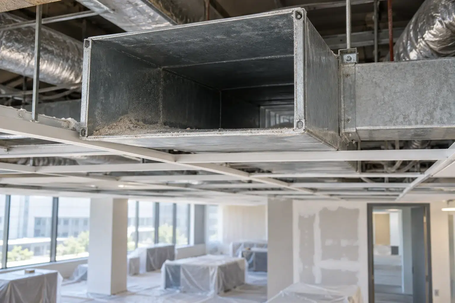 Construction dust along the inside of an accessible rectangular metal duct above an office ceiling