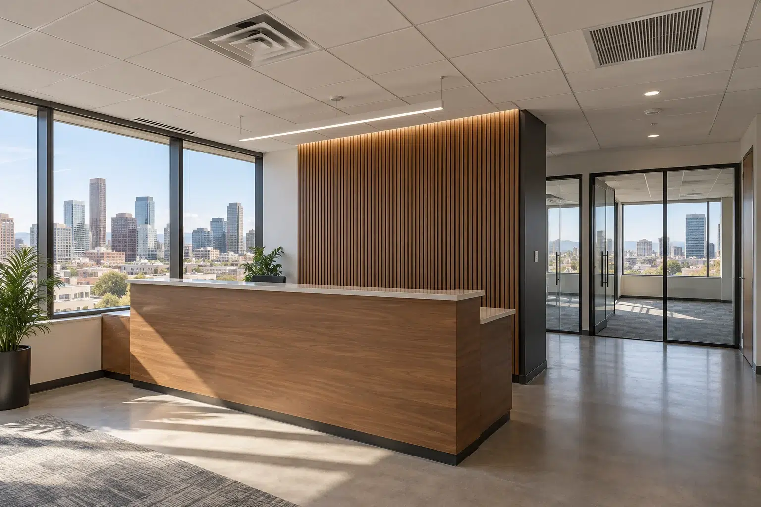 Newly finished commercial office reception with ceiling air diffusers and city windows