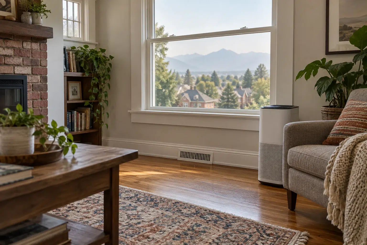 Denver-style living room with a closed window, air register, and portable air cleaner