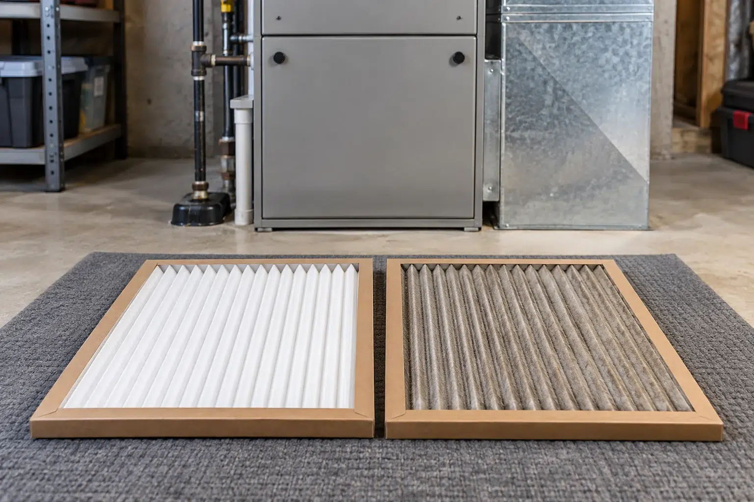 A clean pleated HVAC filter beside a used gray filter in a utility room