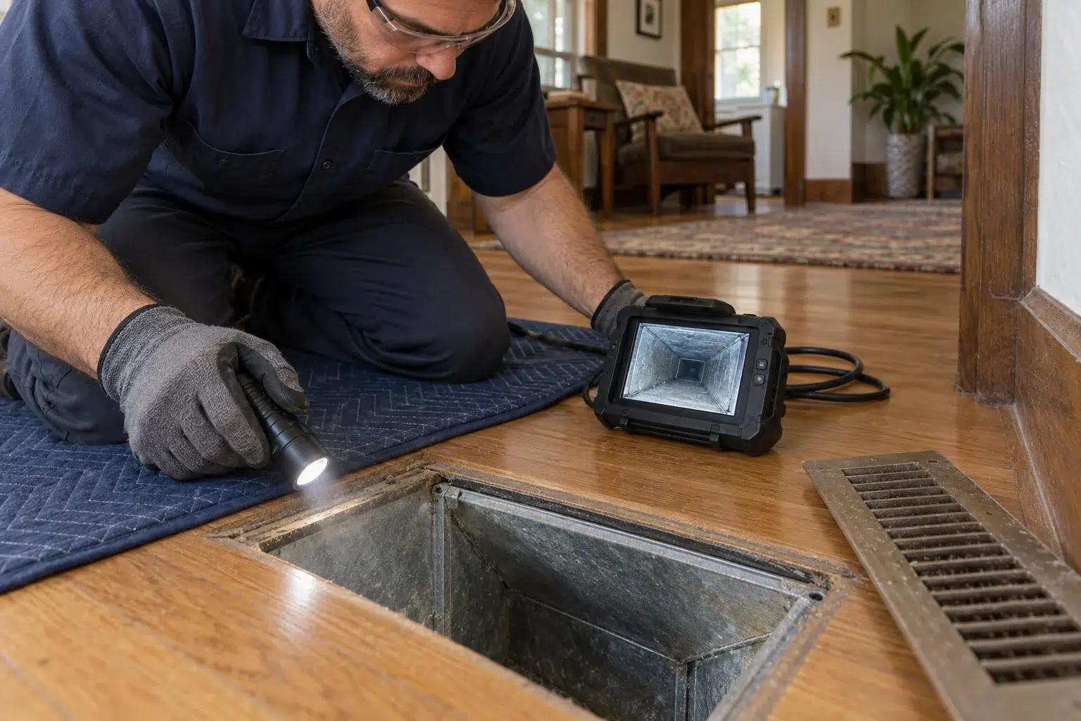 Technician using a flashlight and inspection camera beside an open floor register