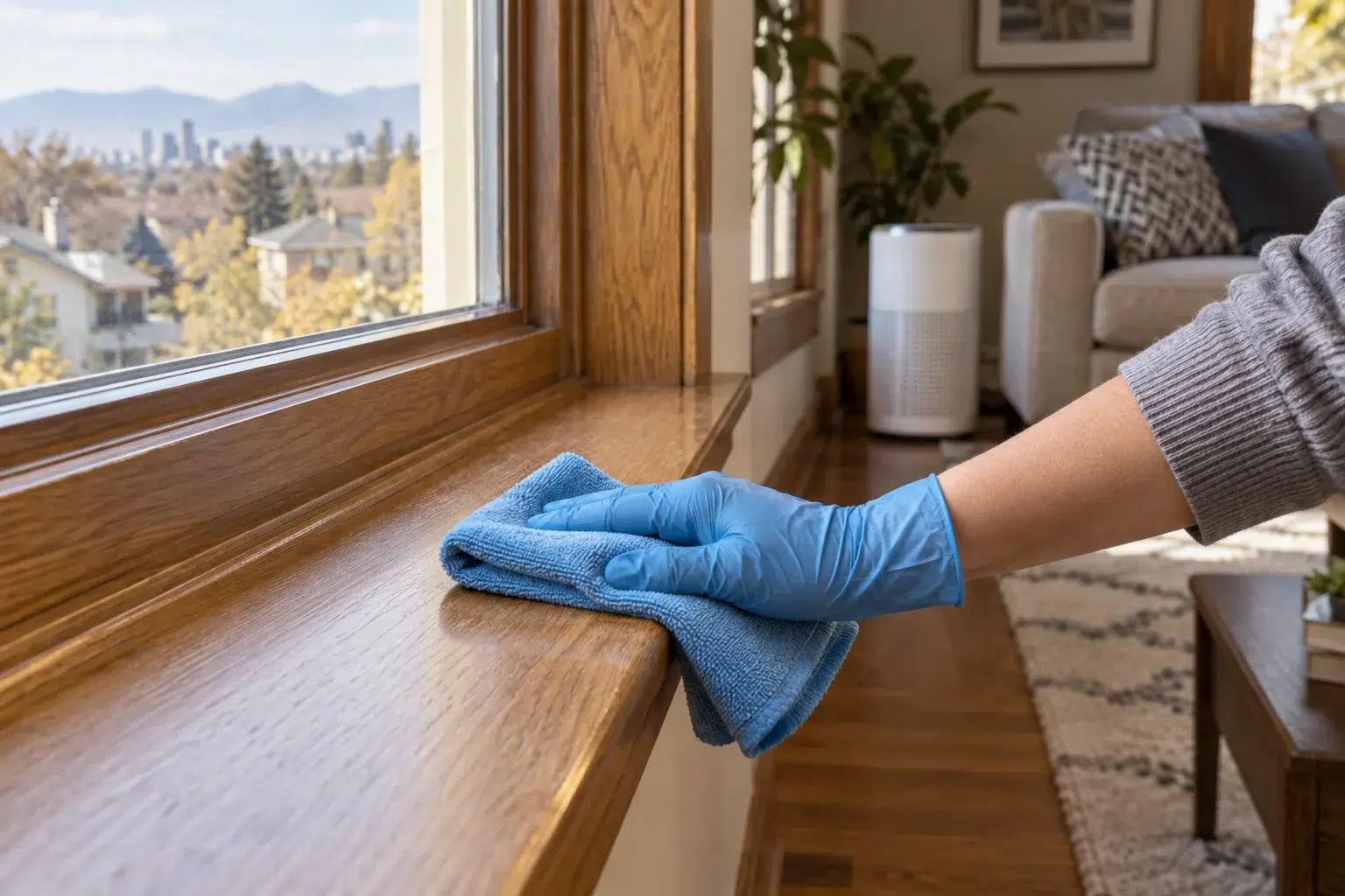 Gloved hand wiping a wood windowsill with a damp microfiber cloth
