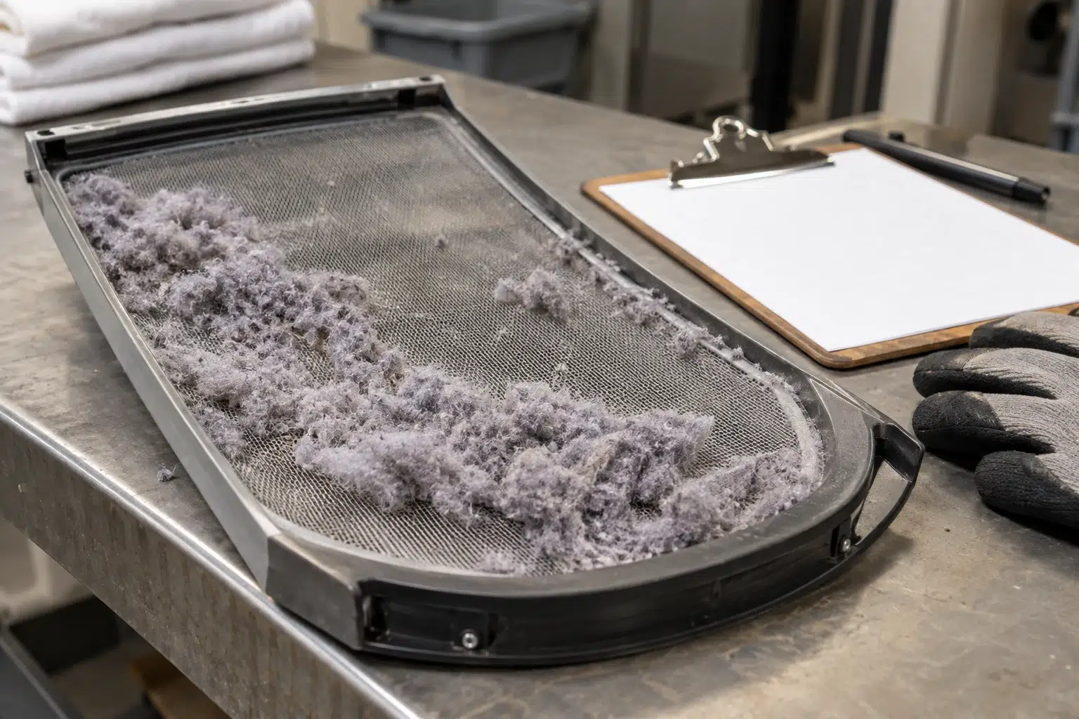 Removed commercial dryer lint screen with collected lint on a maintenance workbench