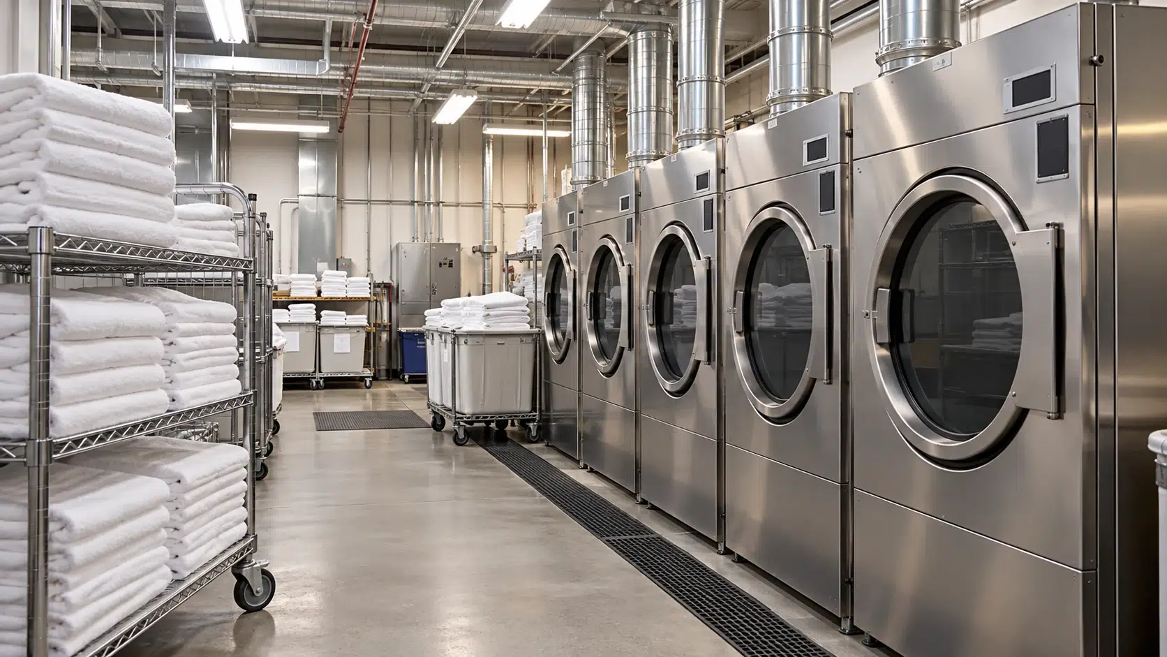 Commercial tumble dryers and towel carts in a hotel laundry service aisle