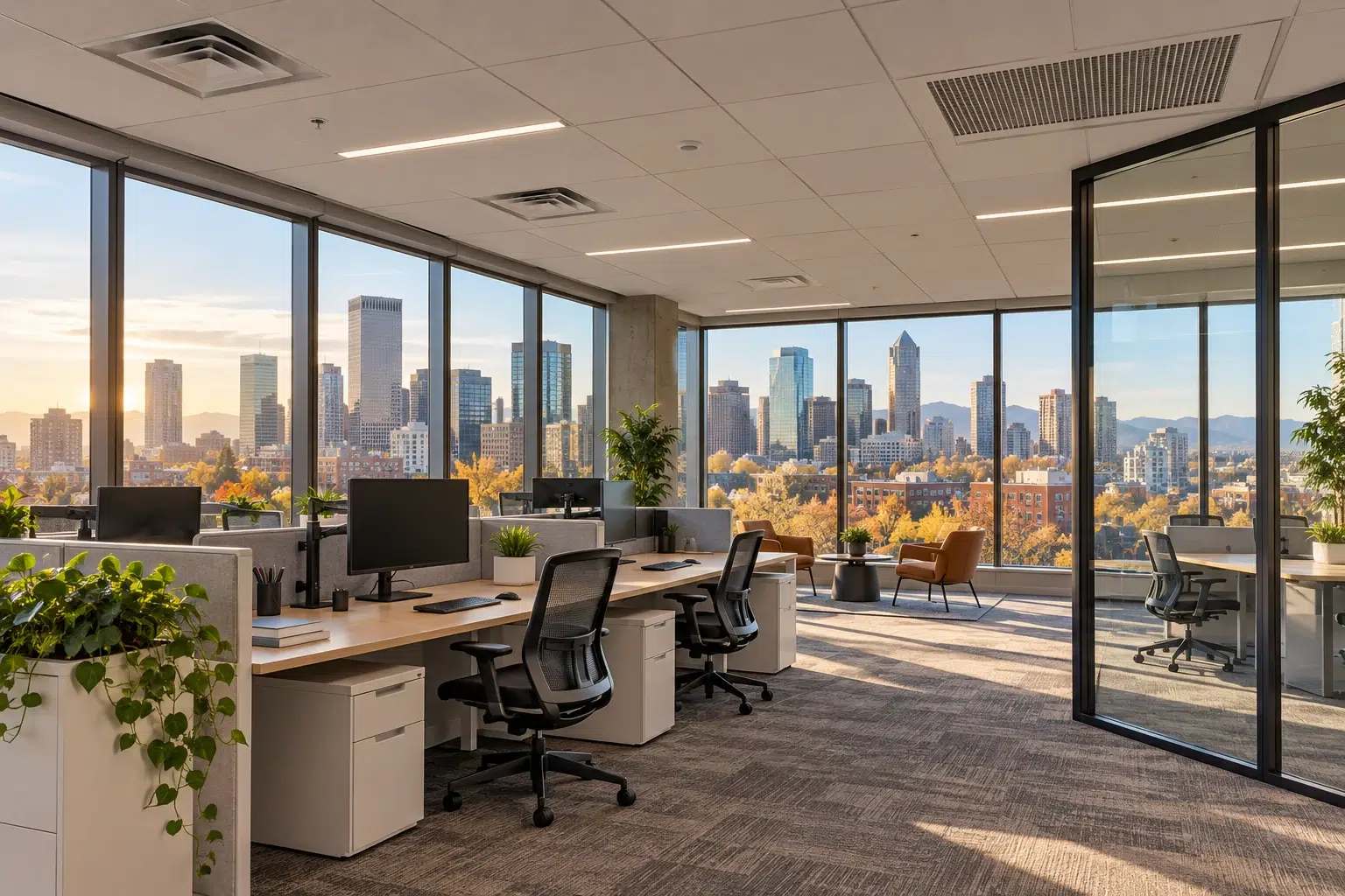 Office ceiling diffusers and return grille above desks with a Denver skyline view